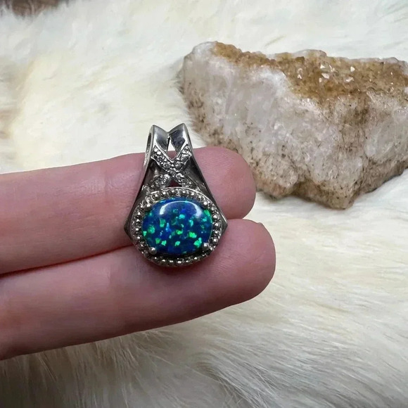 Lab-Created Hawaiian Blue Opal Pendant in Sterling Silver with CZ Accents - Picture 1 of 4